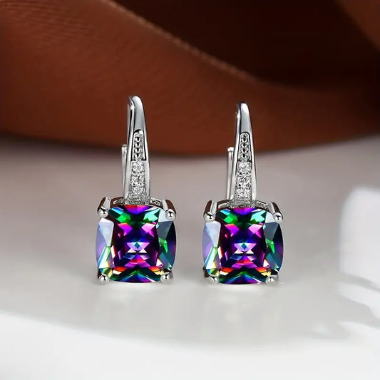 Mystic Square Rainbow Color Zircon Earrings