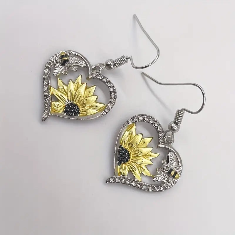 Hollow Out Heart Shape Matching Sunflower Bee Decor Earrings