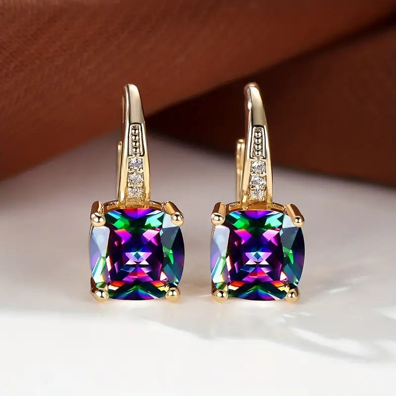 Mystic Square Rainbow Color Zircon Earrings